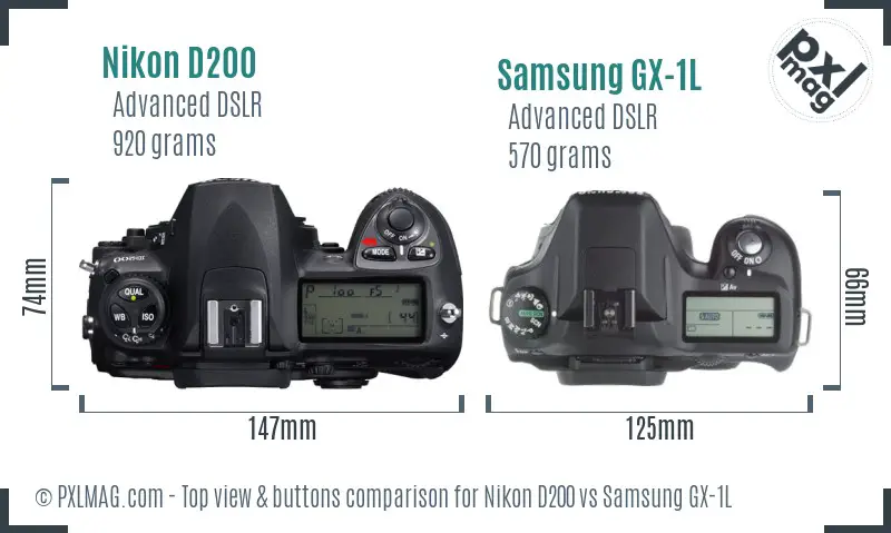 Nikon D200 vs Samsung GX-1L top view buttons comparison