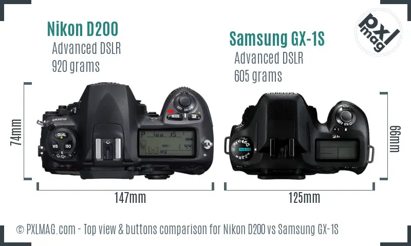 Nikon D200 vs Samsung GX-1S top view buttons comparison