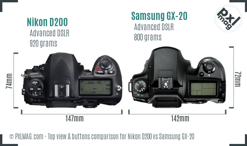 Nikon D200 vs Samsung GX-20 top view buttons comparison