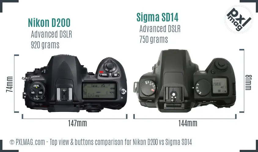 Nikon D200 vs Sigma SD14 top view buttons comparison