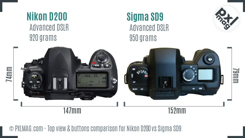 Nikon D200 vs Sigma SD9 top view buttons comparison