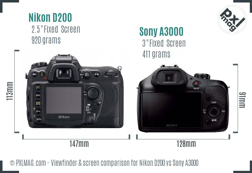 Nikon D200 vs Sony A3000 Screen and Viewfinder comparison