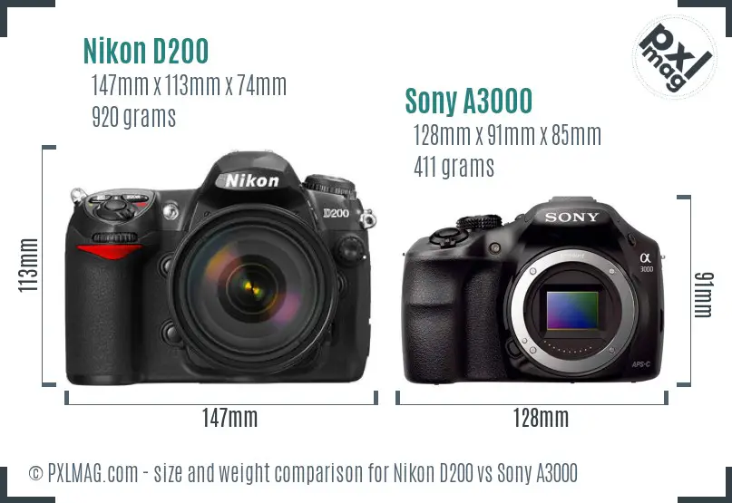 Nikon D200 vs Sony A3000 size comparison