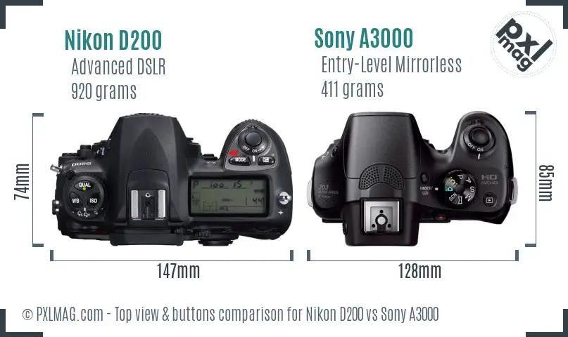Nikon D200 vs Sony A3000 top view buttons comparison