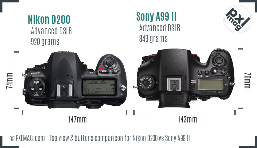 Nikon D200 vs Sony A99 II top view buttons comparison