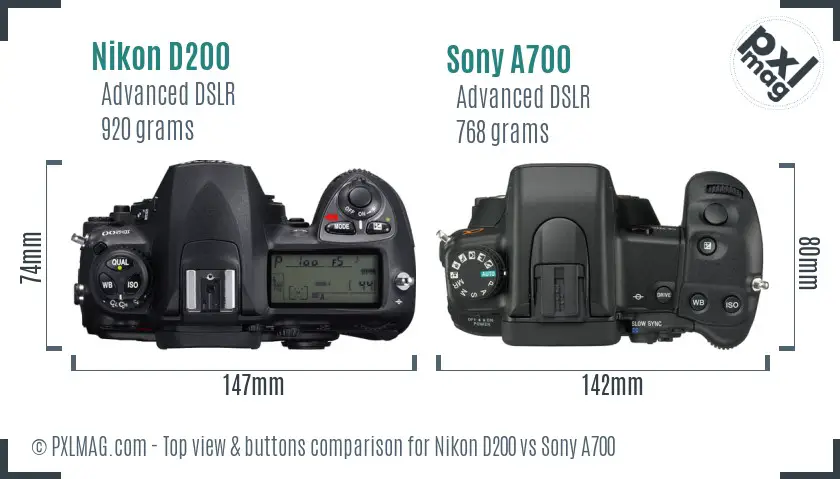 Nikon D200 vs Sony A700 top view buttons comparison