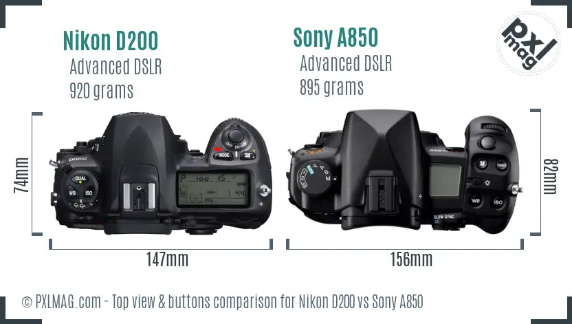 Nikon D200 vs Sony A850 top view buttons comparison