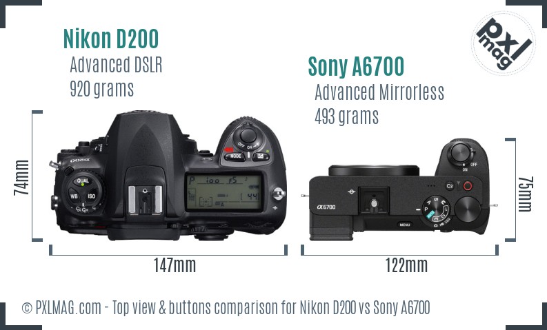 Nikon D200 vs Sony A6700 top view buttons comparison