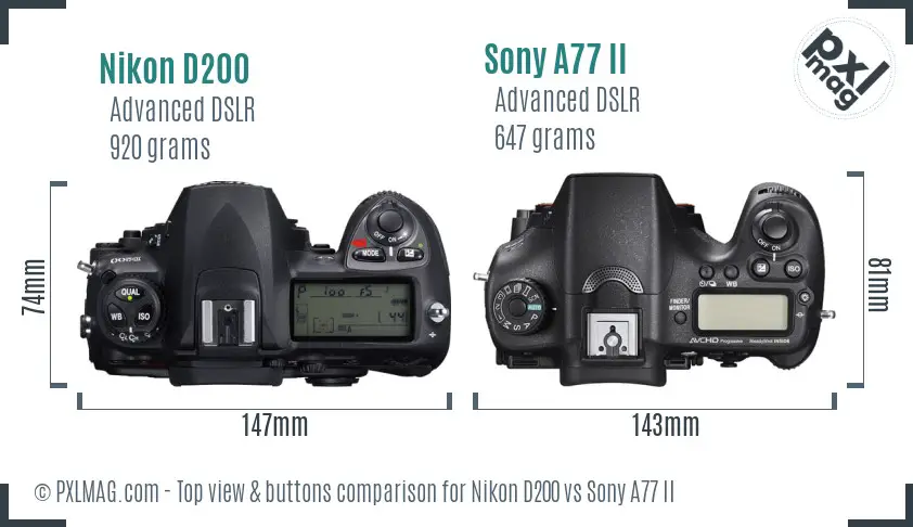 Nikon D200 vs Sony A77 II top view buttons comparison