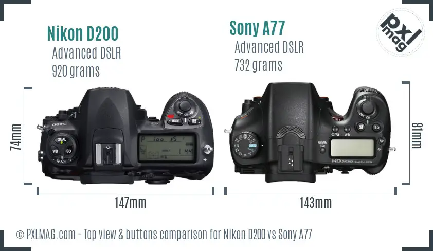 Nikon D200 vs Sony A77 top view buttons comparison