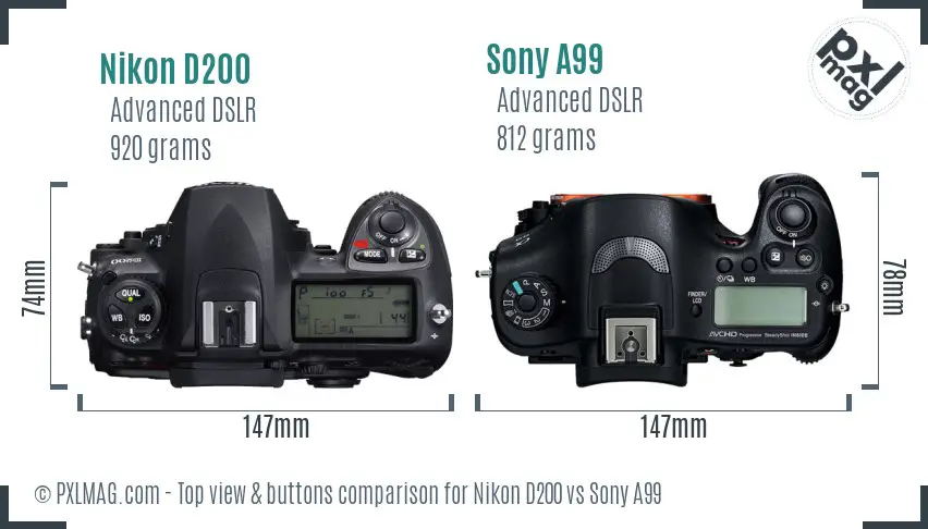 Nikon D200 vs Sony A99 top view buttons comparison