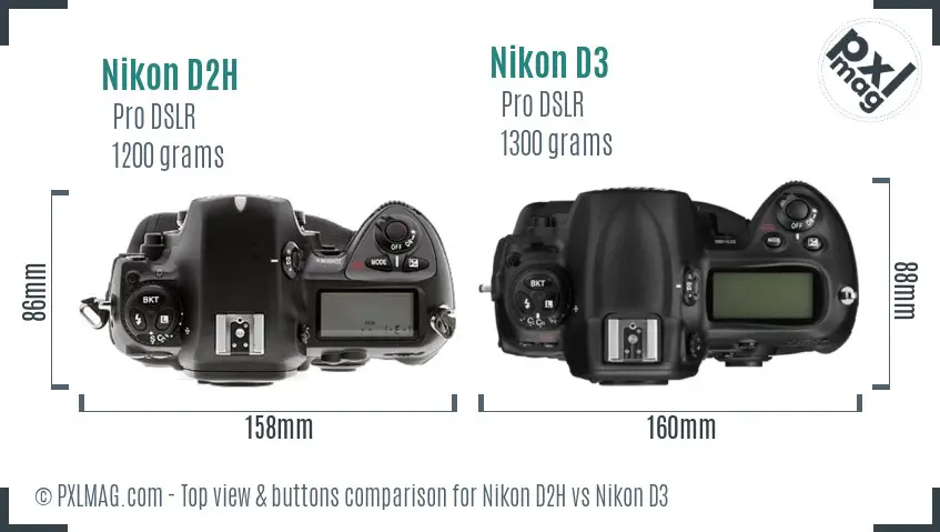 Nikon D2H vs Nikon D3 top view buttons comparison