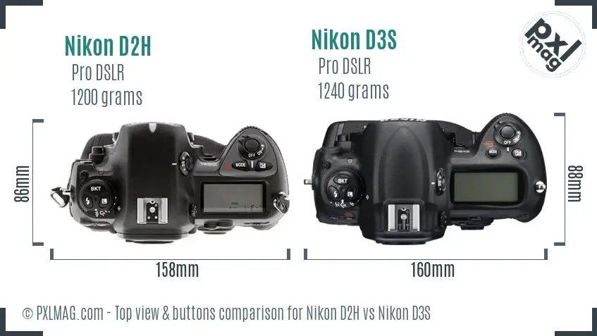 Nikon D2H vs Nikon D3S top view buttons comparison