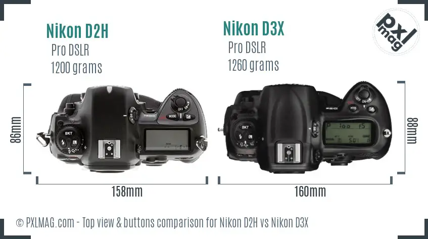 Nikon D2H vs Nikon D3X top view buttons comparison