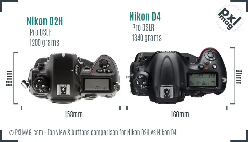 Nikon D2H vs Nikon D4 top view buttons comparison