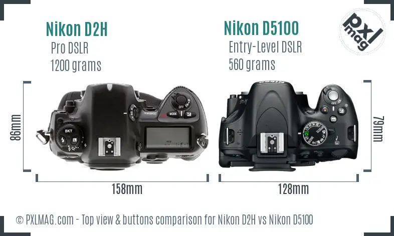 Nikon D2H vs Nikon D5100 top view buttons comparison