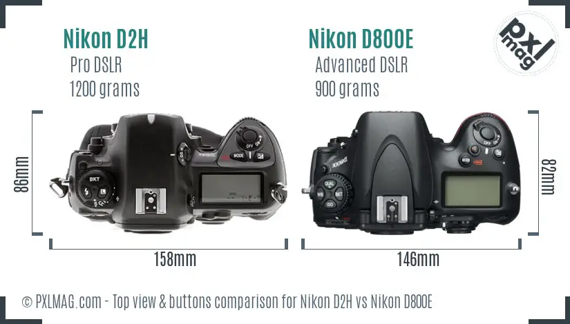 Nikon D2H vs Nikon D800E top view buttons comparison