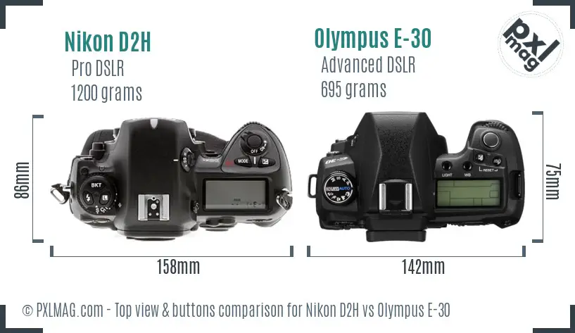 Nikon D2H vs Olympus E-30 top view buttons comparison