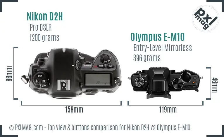 Nikon D2H vs Olympus E-M10 top view buttons comparison