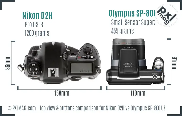 Nikon D2H vs Olympus SP-800 UZ top view buttons comparison
