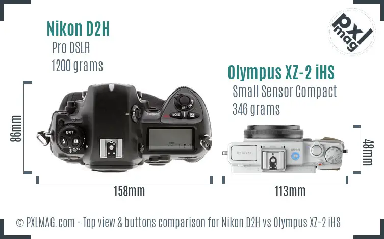 Nikon D2H vs Olympus XZ-2 iHS top view buttons comparison