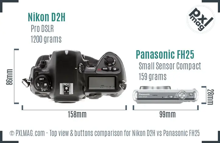 Nikon D2H vs Panasonic FH25 top view buttons comparison
