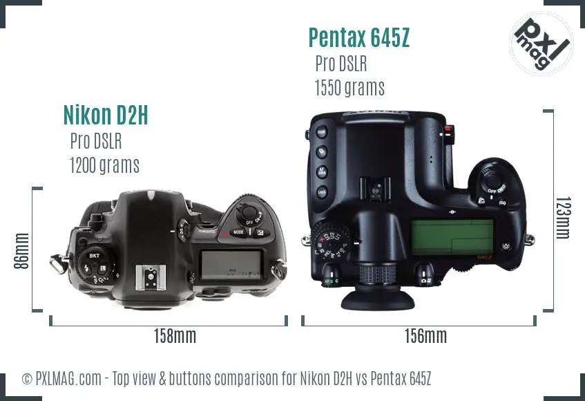 Nikon D2H vs Pentax 645Z top view buttons comparison