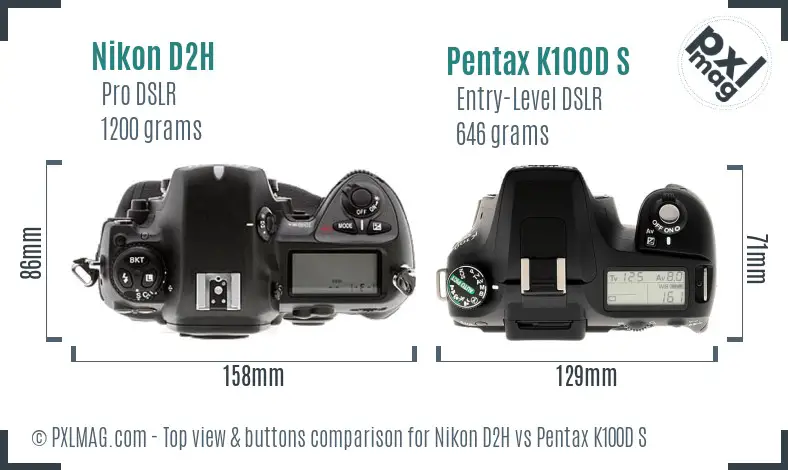 Nikon D2H vs Pentax K100D S top view buttons comparison
