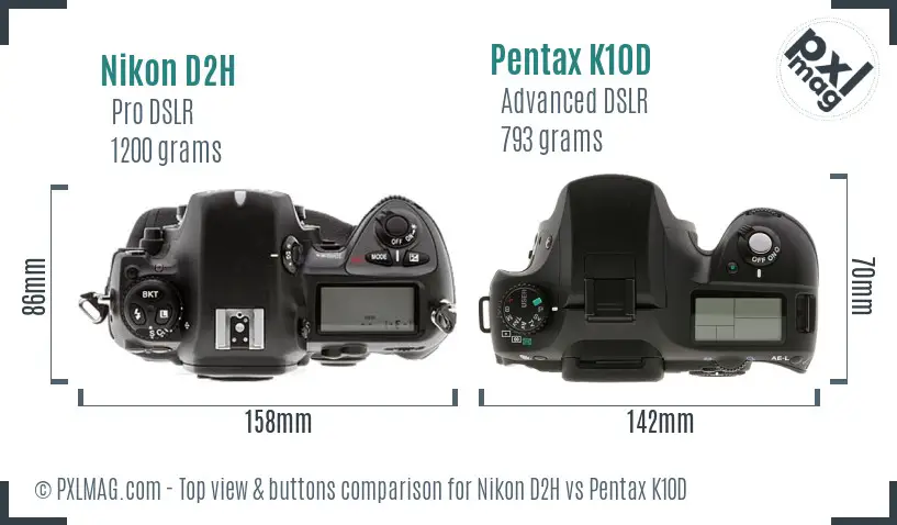 Nikon D2H vs Pentax K10D top view buttons comparison