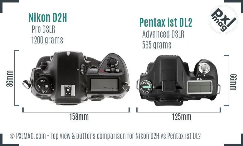 Nikon D2H vs Pentax ist DL2 top view buttons comparison