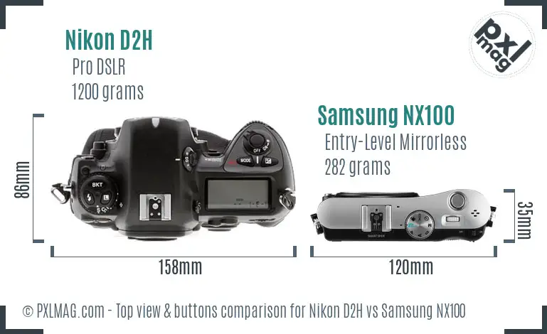 Nikon D2H vs Samsung NX100 top view buttons comparison