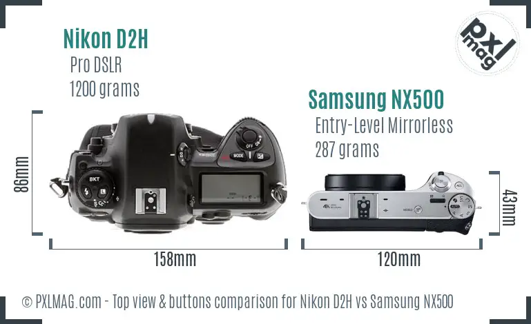 Nikon D2H vs Samsung NX500 top view buttons comparison