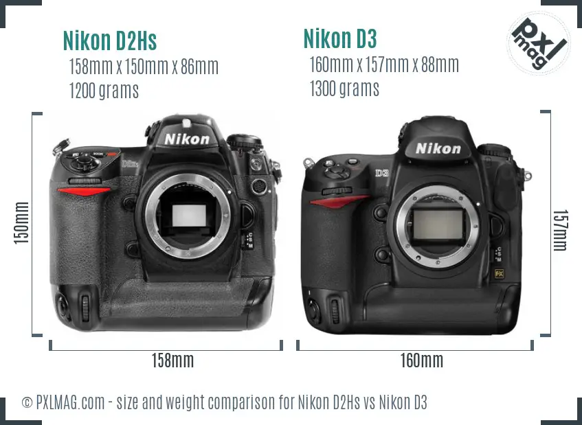 Nikon D2Hs vs Nikon D3 size comparison