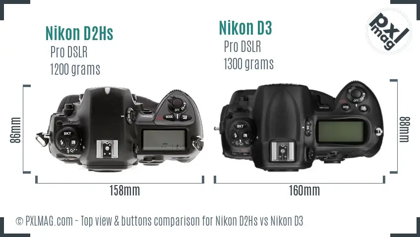 Nikon D2Hs vs Nikon D3 top view buttons comparison