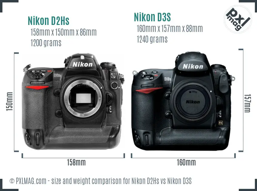 Nikon D2Hs vs Nikon D3S size comparison