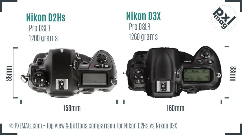 Nikon D2Hs vs Nikon D3X top view buttons comparison