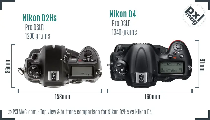Nikon D2Hs vs Nikon D4 top view buttons comparison