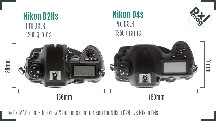 Nikon D2Hs vs Nikon D4s top view buttons comparison