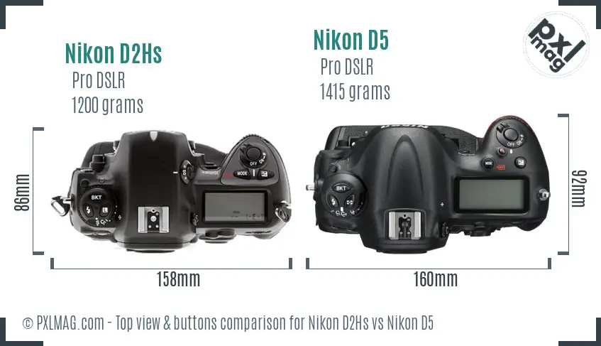 Nikon D2Hs vs Nikon D5 top view buttons comparison