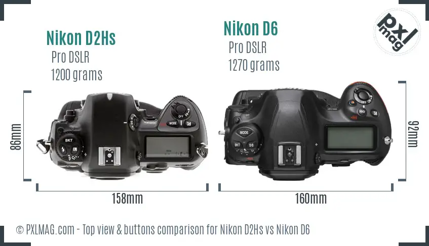 Nikon D2Hs vs Nikon D6 top view buttons comparison