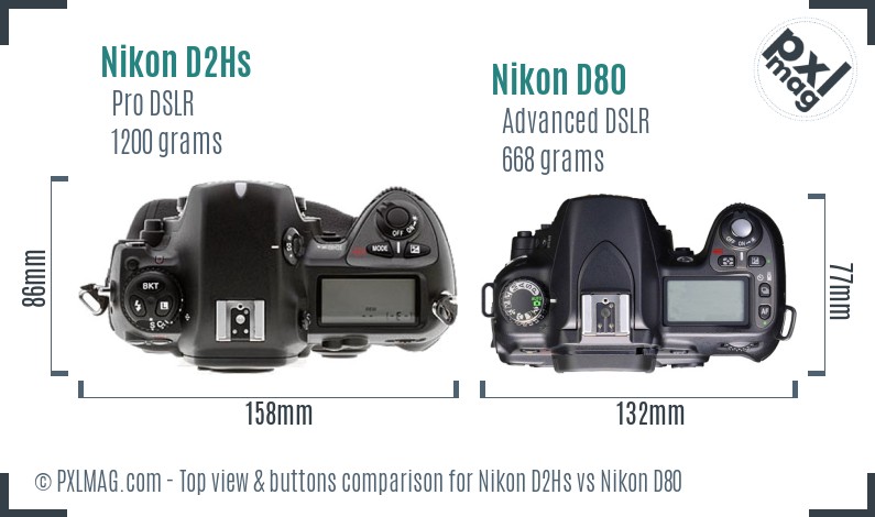 Nikon D2Hs vs Nikon D80 top view buttons comparison