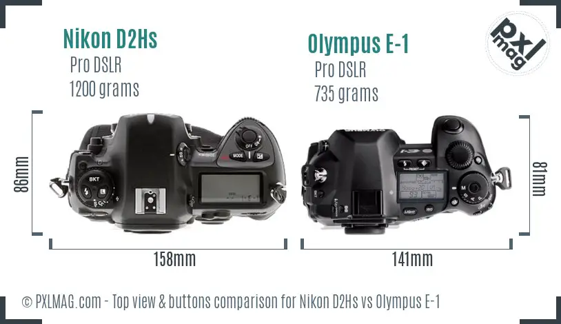 Nikon D2Hs vs Olympus E-1 top view buttons comparison