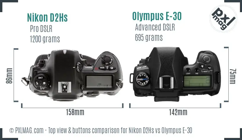 Nikon D2Hs vs Olympus E-30 top view buttons comparison