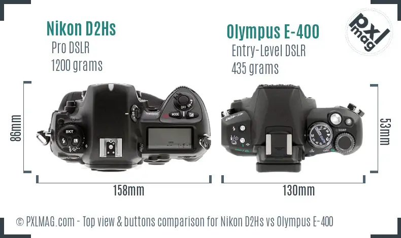 Nikon D2Hs vs Olympus E-400 top view buttons comparison