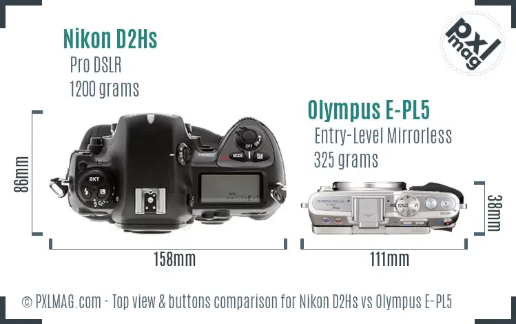 Nikon D2Hs vs Olympus E-PL5 top view buttons comparison