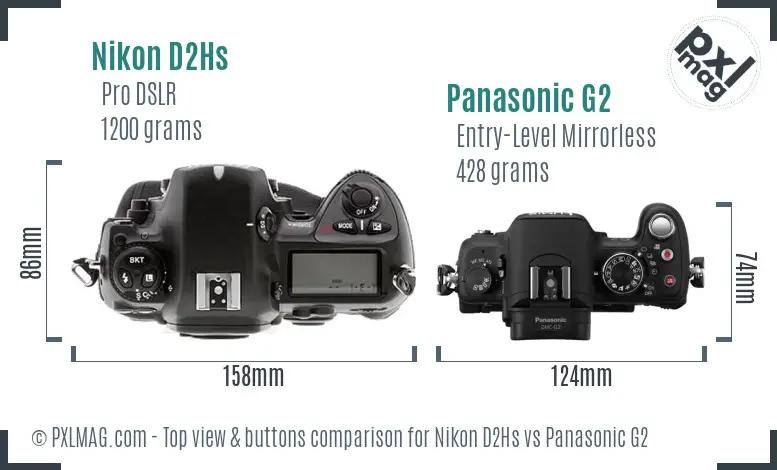 Nikon D2Hs vs Panasonic G2 top view buttons comparison