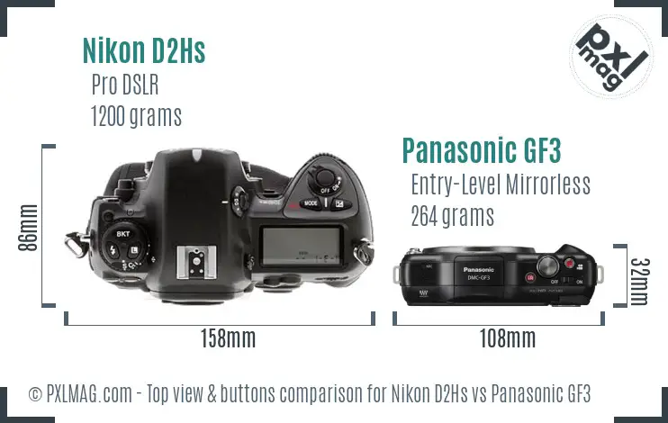 Nikon D2Hs vs Panasonic GF3 top view buttons comparison