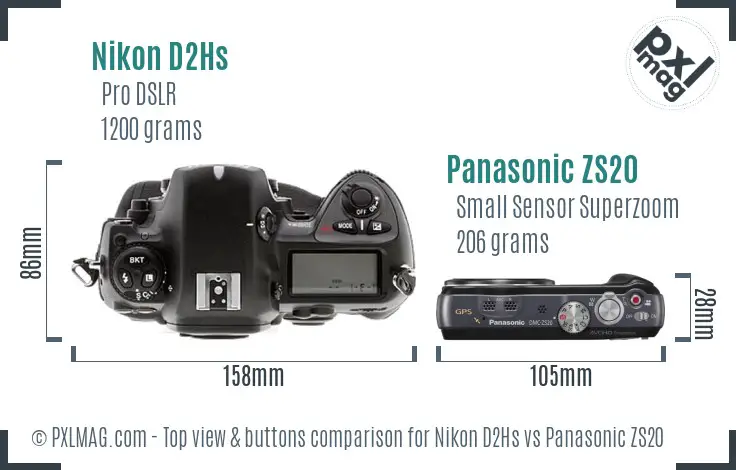 Nikon D2Hs vs Panasonic ZS20 top view buttons comparison