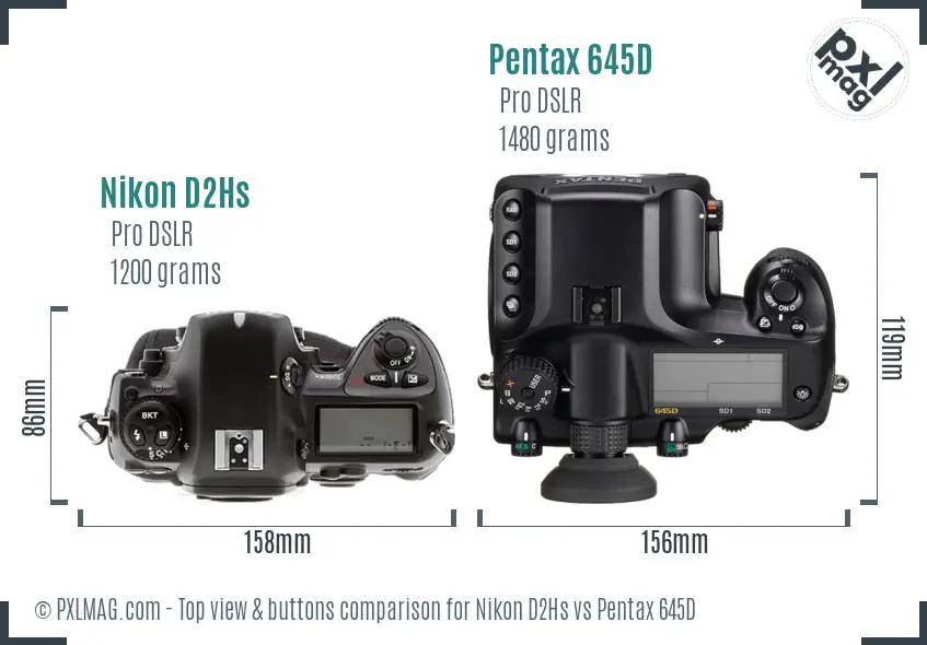 Nikon D2Hs vs Pentax 645D top view buttons comparison