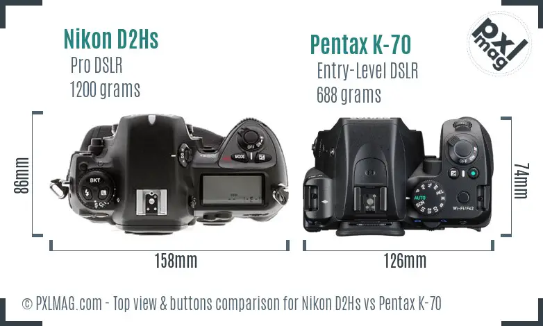 Nikon D2Hs vs Pentax K-70 top view buttons comparison